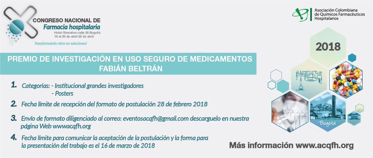 ACQFH's tweet photo. ¡Participa!
Premio de investigación en uso seguro de medicamentos Fabián Beltrán #XCongresodefarmaciahospitalaria #acqfh https://t.co/IGZwZLm94b