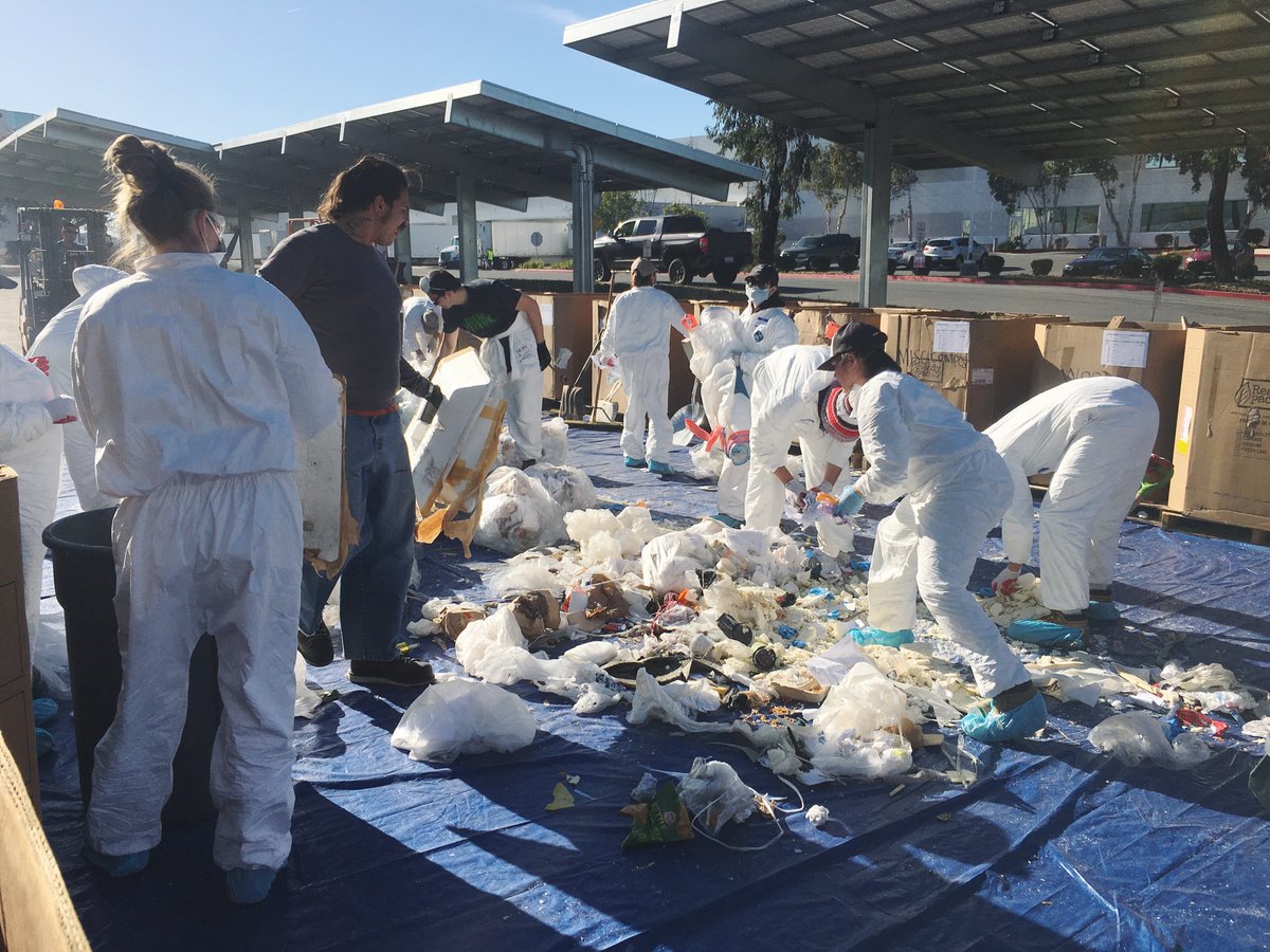 DrBronner's tweet image. Our annual Dumpster Dive allows us to more accurately measure our environmental impact, identify key recycling opportunities, and set new sustainability goals!
Side note—the plastic bags they're filling are either recycled and/or reused from our own production line. ♻️