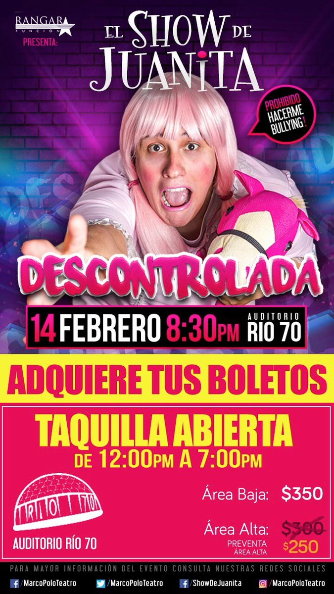 ¡Ya está la taquilla abierta TODOS LOS DÍAS para el show de <a href="/LaGabyLlanas/">Gaby Llanas</a> y <a href="/juanita_bipolar/">Juanita Bipolar</a> el 14 de Febrero! @AREMATICKET <a href="/AuditorioRio70/">Auditorio Río 70</a>