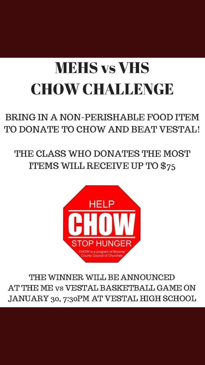 WE NEED FOOD ITEMS BY JANUARY 30th TO BEAT VESTAL!!!!! #chow ⚠️⚠️⚠️