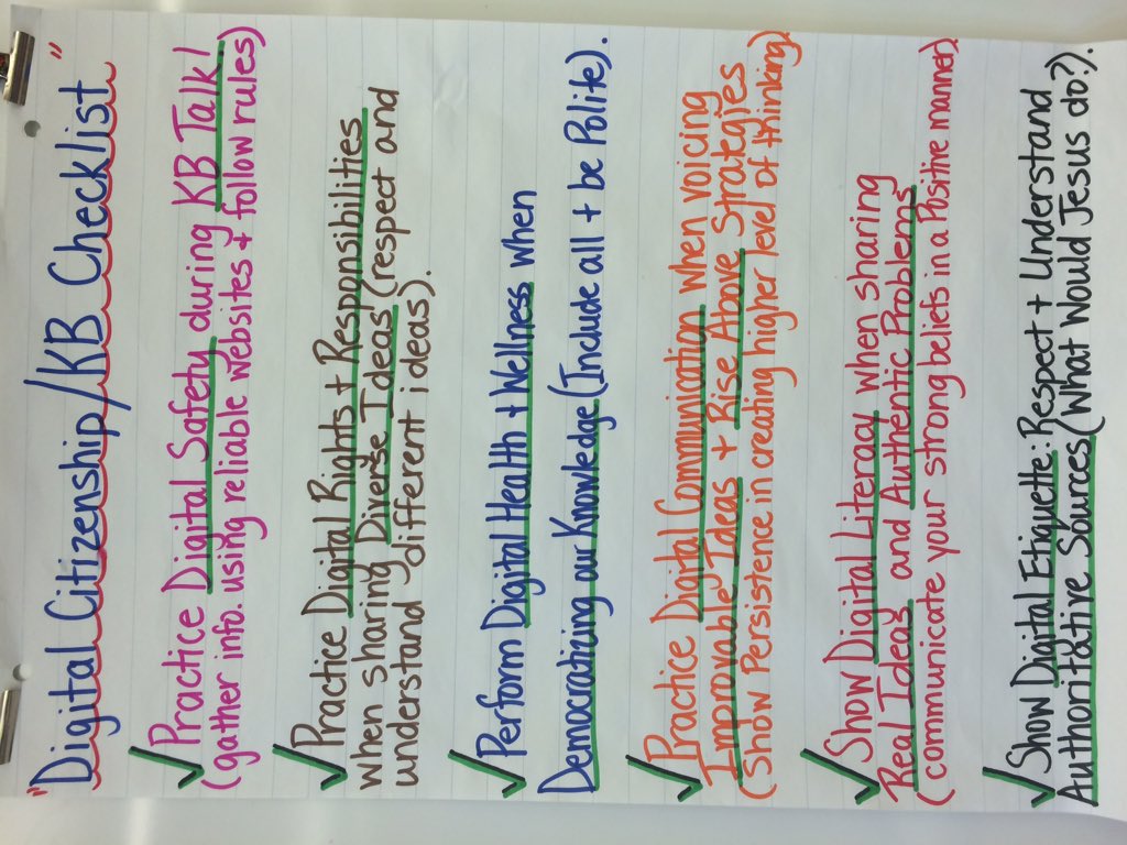 MrsMartinStAnne's tweet photo. A student-teacher generated Digital Citizenship checklist combined with Knowledge Building Principles @stanne_school #stannestyle #kbnetwork https://t.co/j5v1dNLk1R