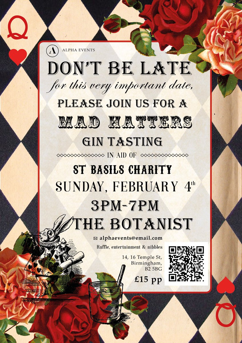 AlphaEventsBham's tweet image. Begin at the beginning, and go on 'till you come to the end: then stop! ♠️♥️

A new event is coming to town, so grab your hats, grab your friends and follow the white rabbit ‘round the bend! 🎩

Get your tickets here: eventbrite.co.uk/e/mad-hatters-…