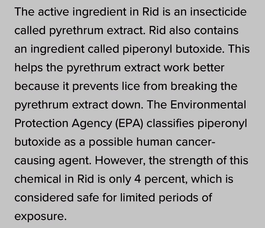 NitpkNYC's tweet photo. What chemicals are in Rid? A popular over the counter #OTC lice product? The EPA classifies one of the pesticides as a human cancer causing agent. #LiceFacts #ChemicalFree #organic #LiceRemoval #NYC #Lice #Nitpk https://t.co/7fzxhbG5N5