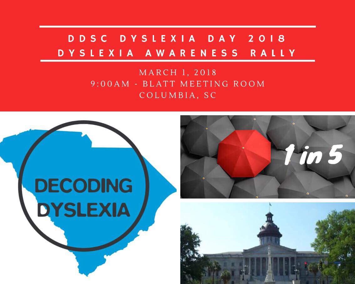 DDSC1n5's tweet photo. Join us MARCH 1 in Columbia for DD-SC Dyslexia Day 2018 and the Dyslexia Awareness Rally on the State House grounds. #1in5 #dyslexia #scneeds2screen @SAYDyslexiaSC @BeckyeBarnes @susyq1966 @garyclarysc @losonews https://t.co/LgnB63x4EG