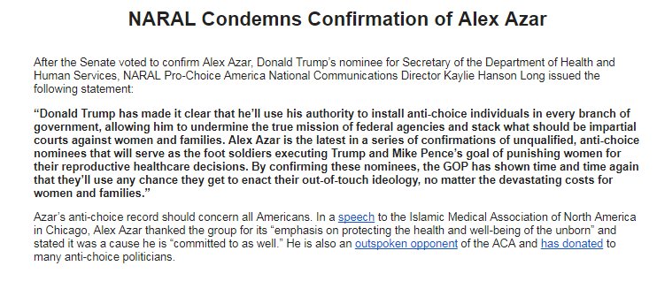 reproforall's tweet photo. Alex Azar is the latest in a series of confirmations of unqualified, anti-choice nominees that will serve as the foot soldiers executing Trump and Mike Pence’s goal of punishing women for their reproductive healthcare decisions. Our statement on his confirmation:
#SayNoToAzar https://t.co/rX2TjQrCmg