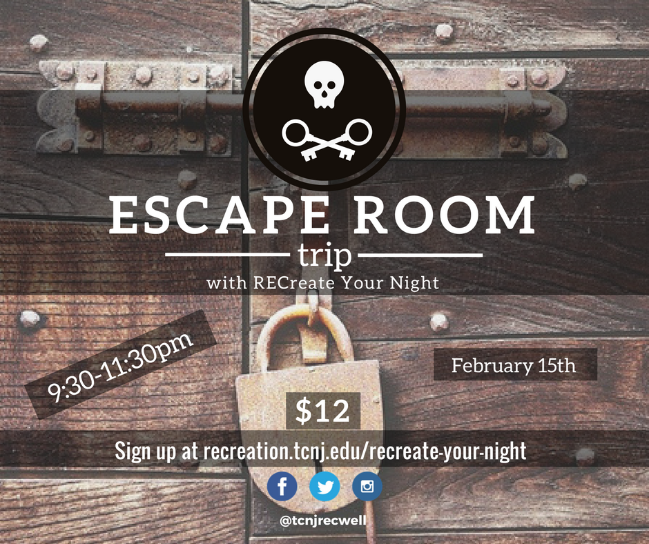 tcnjrecwell's tweet photo. Sign up for our Escape Room trip on February 15th with RECreate Your Night! Solve puzzles, find clues, and pick locks to see if you can get out of the room in one piece. Go to https://t.co/0tTnATnUNc to sign up and pay using your Get-It Points. #recreateyournight #tcnj https://t.co/jQIJI69JEx