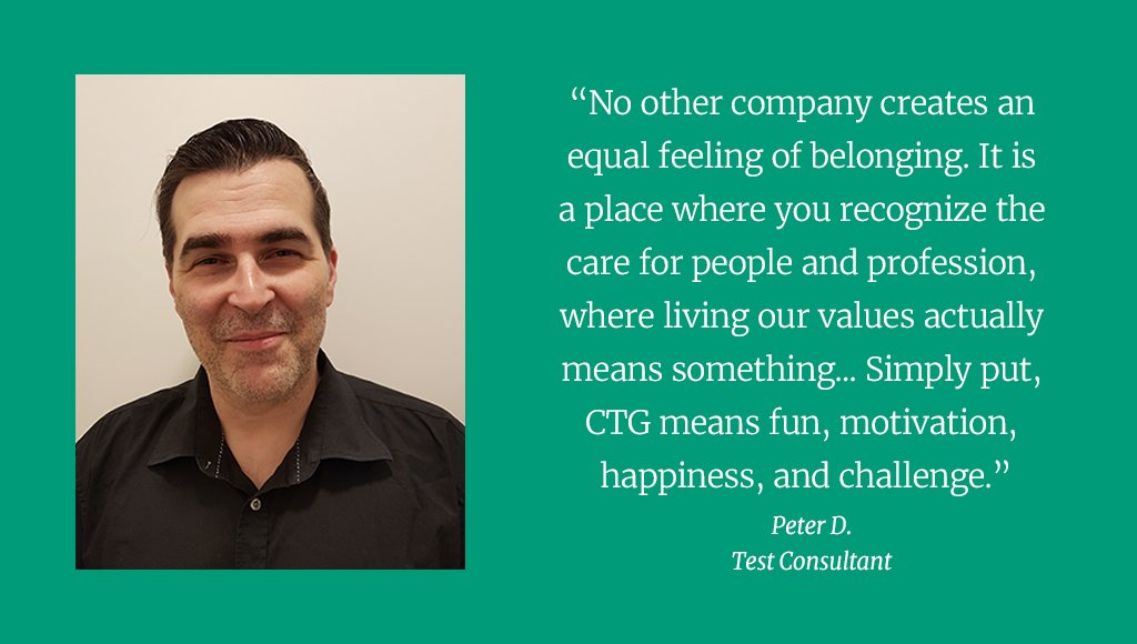 CTGinc's tweet image. Test Consultant, Peter D., loves to chase his dreams and tackle new challenges. He helps us continue to improve, creating a better CTG and client experience. #CTGatWork #WorkWednesday @CTGEurope Learn more: r.ctg.com/d8WZt