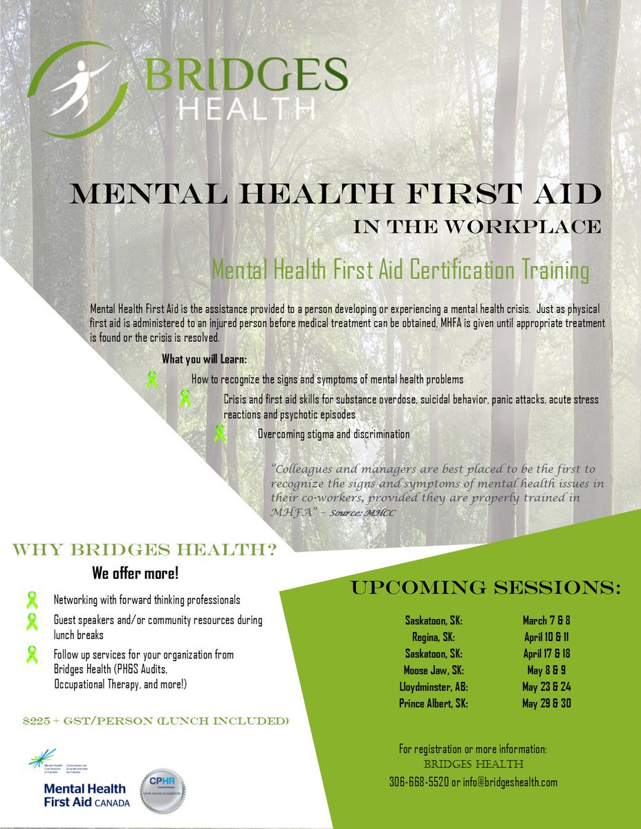 BridgesHealthSK's tweet photo. @BridgesHealthSK is facilitating another public Mental Health First Aid Certification training course in #swiftcurrentSK today! Contact us to learn how to register for a public workshop near you! https://t.co/uV3Y4XbJLc