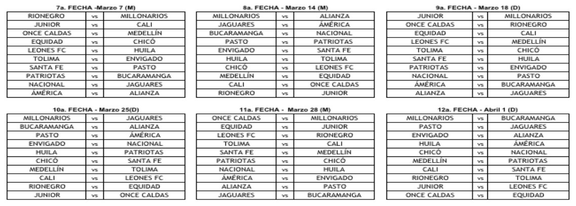 infoFPC's tweet photo. Fixture #LigaAguila2018 Fechas 7-12 https://t.co/6HTaedk6DQ