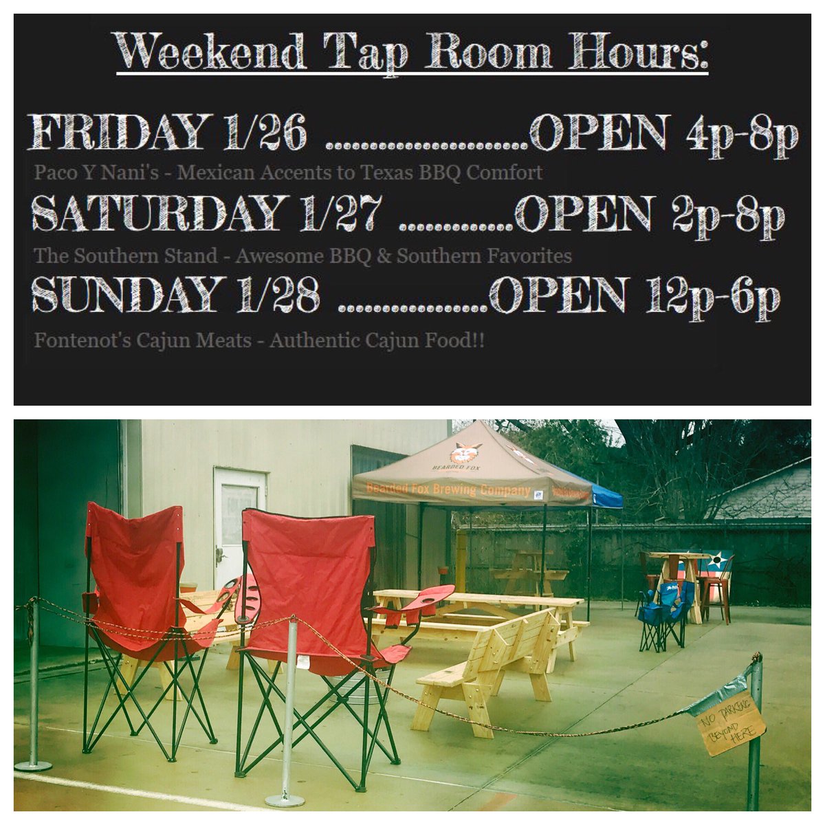 BeardedFoxBrew's tweet photo. TAPROOM HOURS! Fri 4-8p, Sat 2-8p &amp; Sunday 12 - 6p. Paco Y Nani’s on Friday, The Southern Stand on Saturday and Fontenot’s Meats on Sunday. Come try your next favorite beer! #BrewCrüe #Beardedfoxbrew #TheFoxDen #Craftbeer #Drinklocal #Beards #Tomballtx #CyFairtx #Springtx https://t.co/iFQPEgpjhb