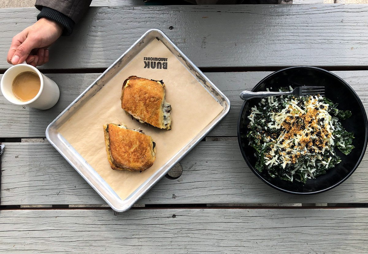 Staying healthy and sane with a Kale Salad (with preserved lemon vinaigrette, pecorino, currents, bread crumbs), Kale Melt (with miso braised kale, crimini mushrooms, caramelized onions, Swiss) and a cup of joe. You'll find all the kale goodness on our Alberta menu!