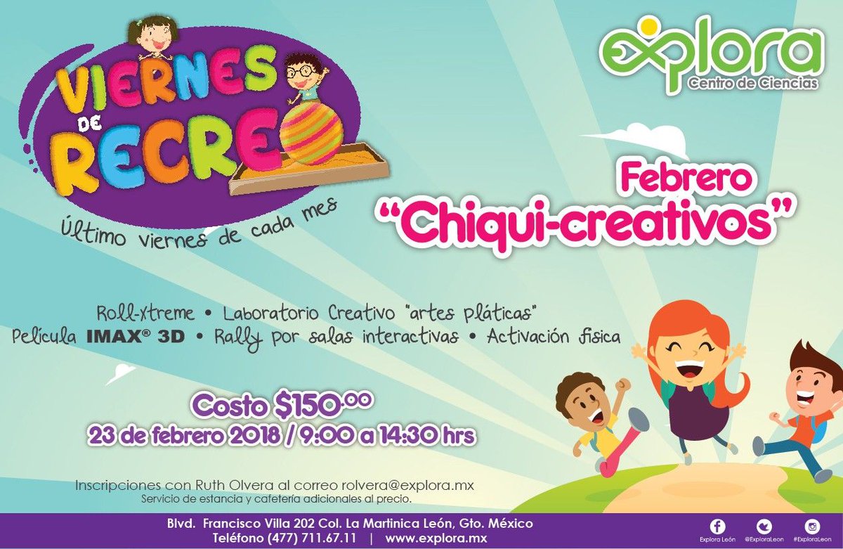 ExploraLeon's tweet photo. Inscribe a tus peques en el módulo “Artes Plásticas para niños” de nuestros #ViernesDeRecreo. Incluye #LaboratorioCreativo, recorrido en salas tipo #Rally, #ActivaciónFísica, Actividades #RollXtreme y ¡por única ocasión! película #IMAX3D. Viernes 23 de febrero #CupoLimitado https://t.co/YFqu1gLtrT