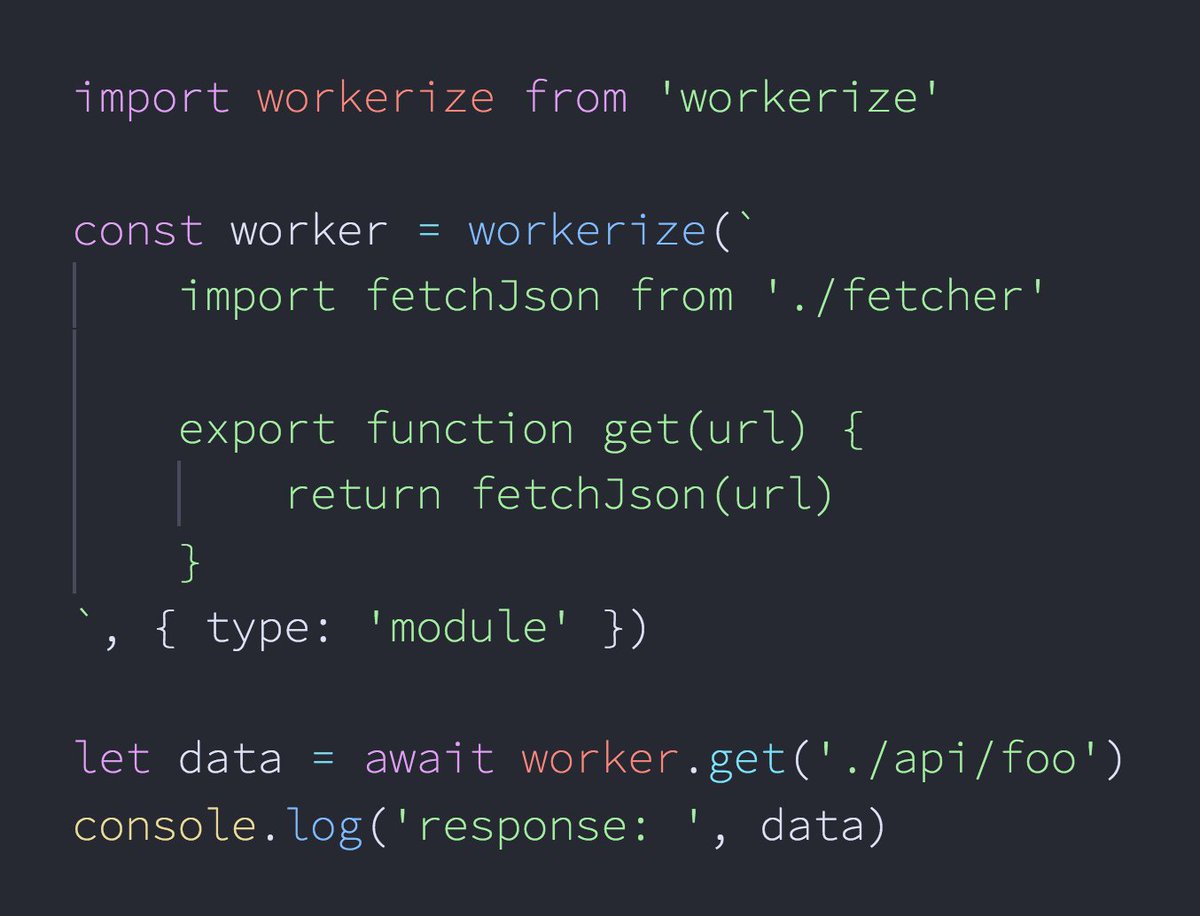 _developit's tweet image. Worker({ type: 'module' }) is going to change EVERYTHING!
Workerize is ready to make use of it:
github.com/developit/work…