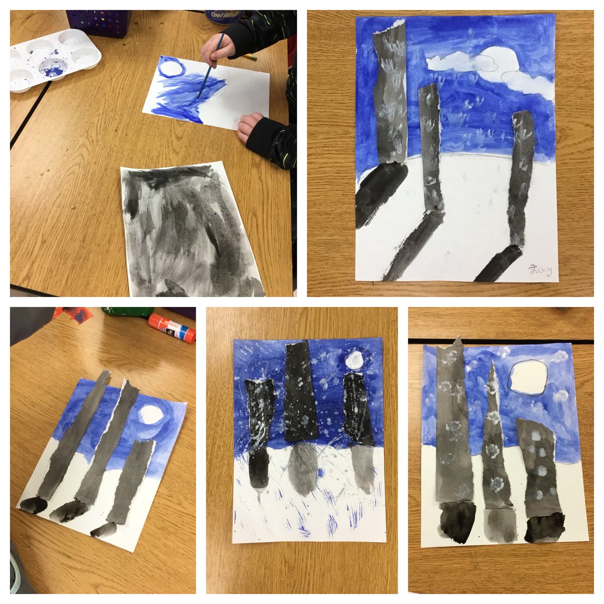 Winter trees using shadows to make it look realistic! #3rdgrade #night #winterlandscapes #thinkers #positveandnegativespace #forthebackground