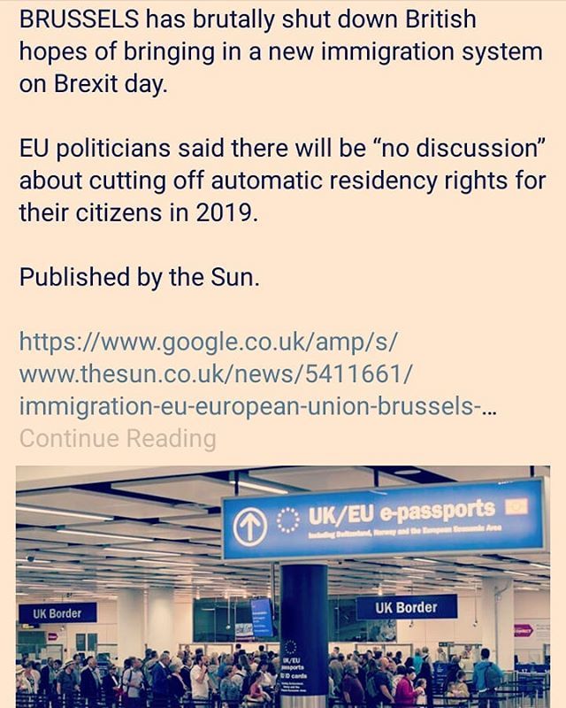 TheUKVisa's tweet photo. BRUSSELS has brutally shut down British hopes of bringing in a new immigration system on Brexit day.

EU politicians said there will be “no discussion” about cutting off automatic residency rights for their citizens in 2019.

Published by the Sun.

Book … https://t.co/pKHrR8GF0L https://t.co/ArWb44Dy52