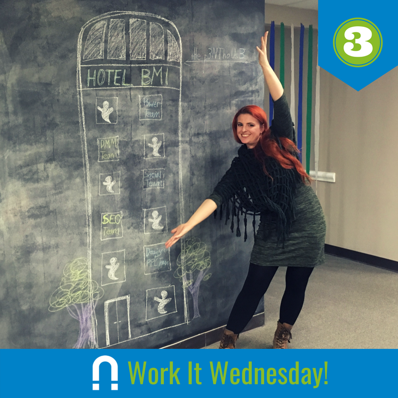 Blue_Magnet's tweet photo. Day 3 of #11DaysofBMI celebrated #WorkItWednesday with a game of pin-the-magnet on the hotel! Three spins in an office chair led the Blue Magneteers to dizzying destinations named for our departments. https://t.co/Em35e9xOZP
