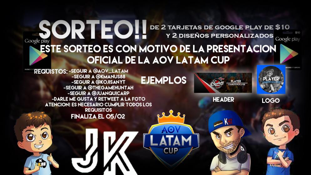SORTEO 💥💥

Para CELEBRAR el anuncio oficial de la copa de Selecciones de <a href="/ArenaofValor/">Arena of Valor</a> , <a href="/AoV_LATAM/">AOV LATAM CUP</a> , vamos a hacer un sorteo de 2 x $10 tarjetas <a href="/GooglePlay/">Google Play</a> y 2 diseños personalizados de header/logo !

 🔴 Importante es darle ❤️ Like y  🔁 RT y sigue las instrucciones 👇