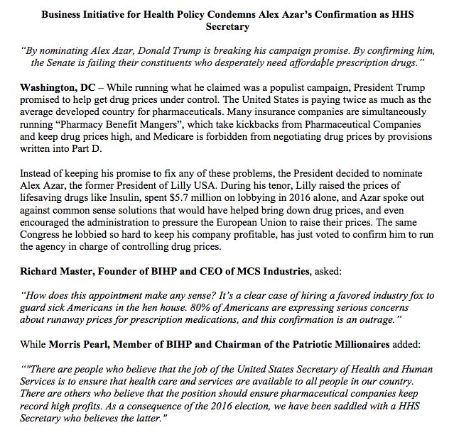 BizHealthPol's tweet photo. Read our statement on the Senate's shameful confirmation of Alex Azar as HHS Secretary. https://t.co/89wQrmy1Im
