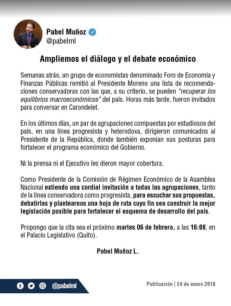 Como Presidente de la Comisión de <a href="/RegimenEconomAN/">Comisión Régimen Económico</a> de la <a href="/AsambleaEcuador/">Asamblea Nacional</a> extiendo una invitación a todos los grupos de economistas y cientistas sociales que han manifestado sus posiciones para el fortalecimiento de la economía y esquema de desarrollo del país 👇