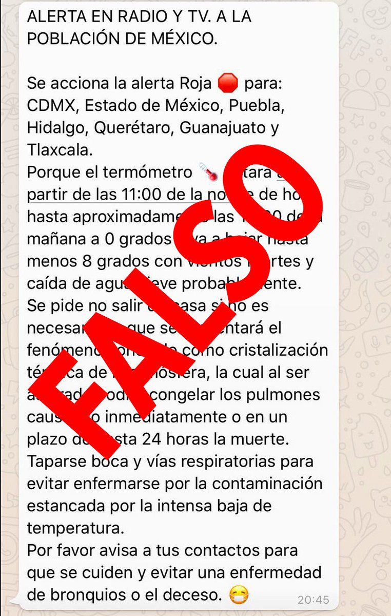 ⚠⚠No hagas caso de información falsa que circula en #Whatsapp sobre el descenso de temperatura en la #CDMX. Te recomendamos estar pendiente a través de fuentes oficiales #C5.
