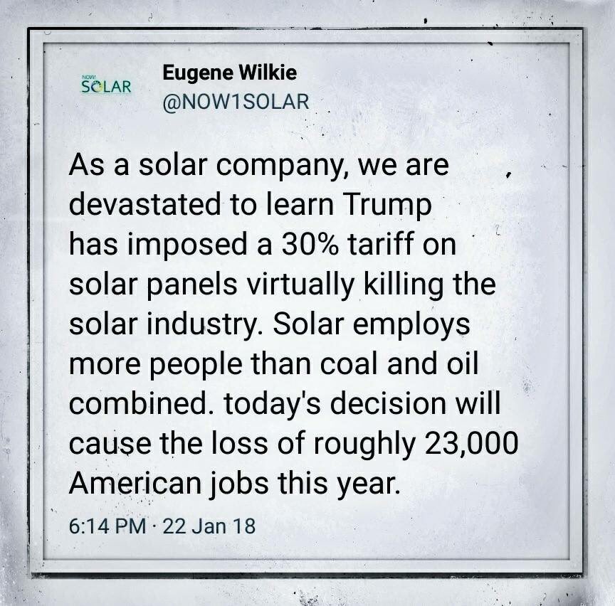 SabriaCBalland's tweet image. #Trump lives in a time warp. Each and every decision is backward, illogical &amp;amp; harmful.  
#solartariffs #SolarEnergy
