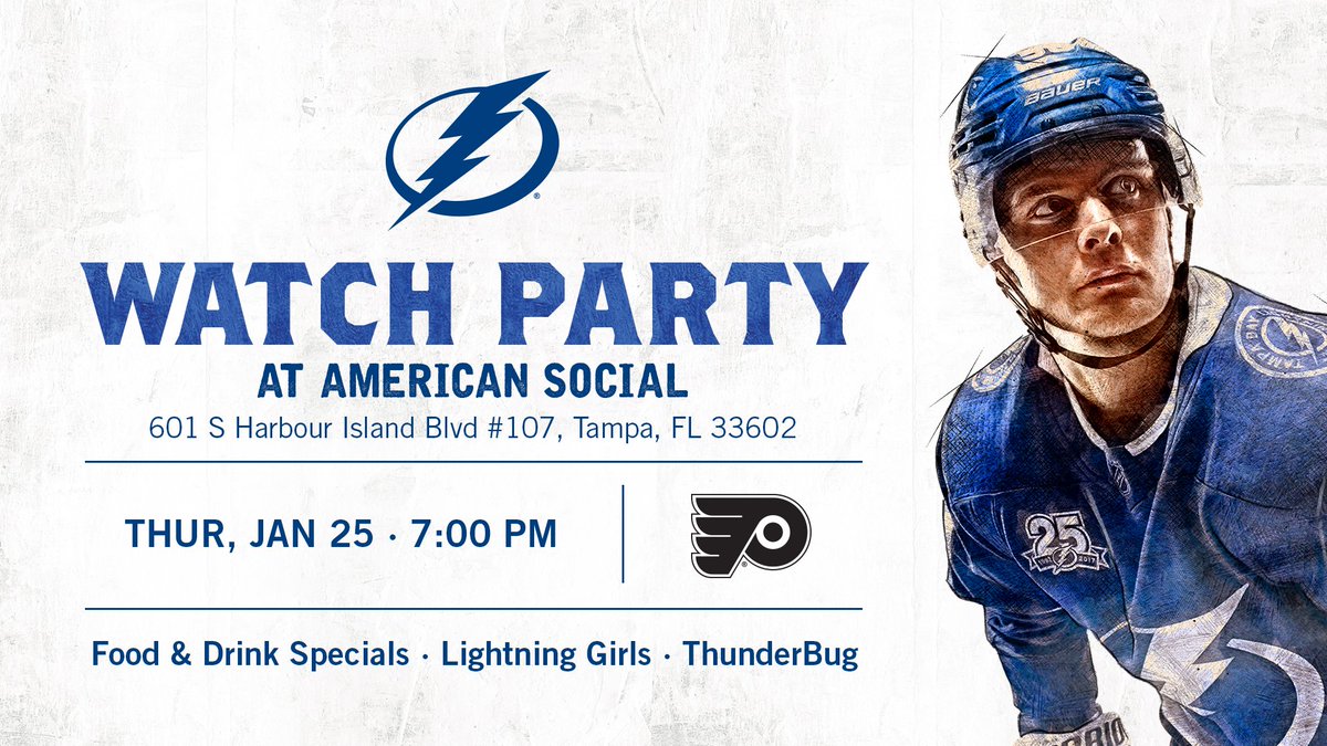 TBLightning's tweet photo. Join us and @budweiserusa at American Social tomorrow night to catch our last game before #NHLAllStar in style!

Party starts at 6pm. ⚡️ https://t.co/SJOwDUFljX