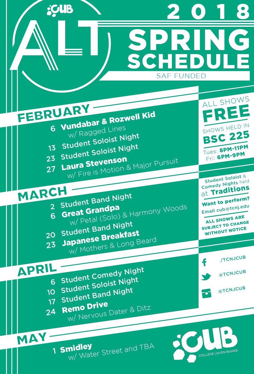 TCNJCUB's tweet photo. CUB Alt is happy to announce its schedule for the spring 2018 semester! All of these shows are free for all TCNJ students and guests, all are welcome. Hope to see you there! 🐾 https://t.co/KQjbE3S6uT