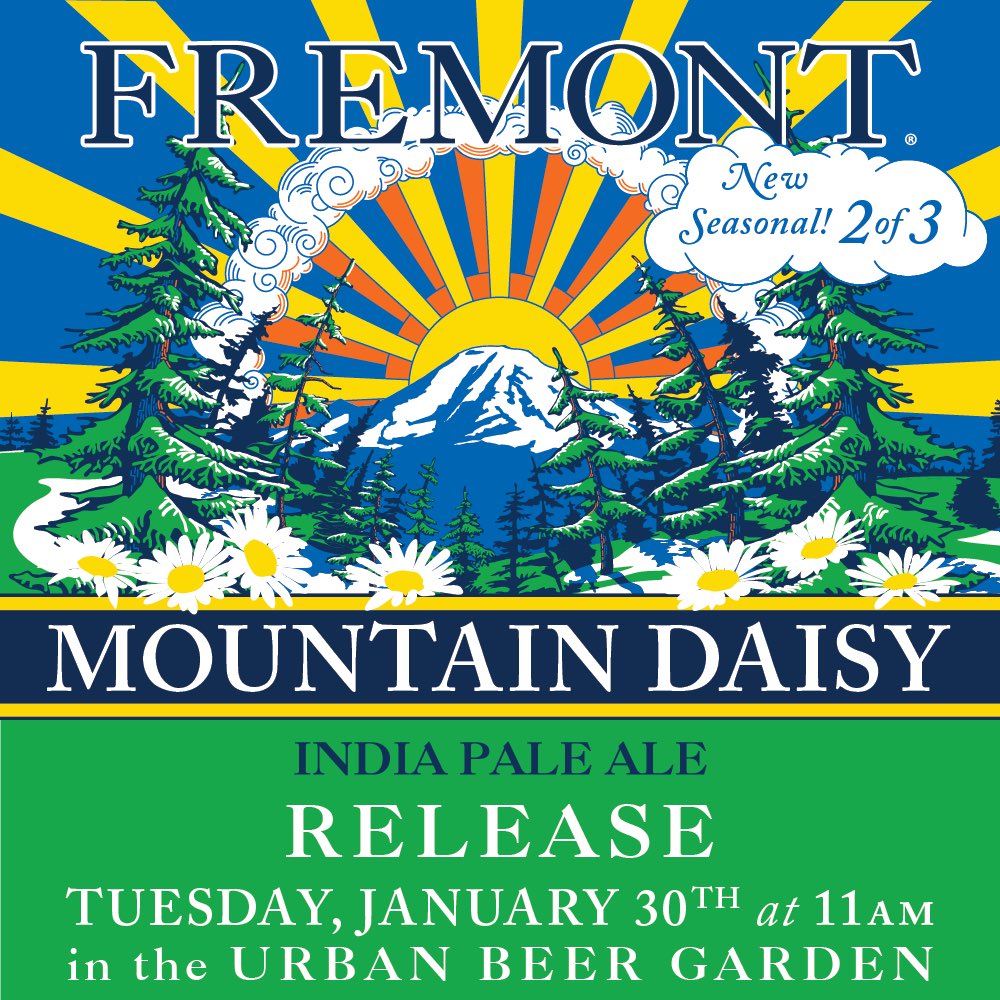 fremontbrewing's tweet image. Join us in our Urban Beer Garden for the release of Mountain Daisy IPA on Tuesday, January 30th. Mountain Daisy will be available on-tap and to-go in 6 and 12-packs as well as 22oz bottles. Hope to see you there!

#mountaindaisy #ipa #springseasonal #renewalandinvention