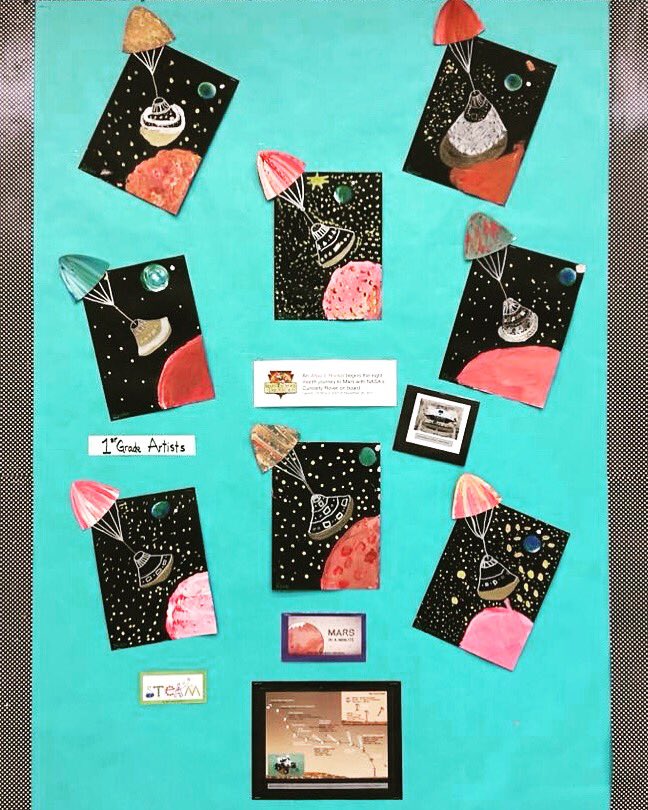 SteamSoCal's tweet photo. Check out our Space Artwork by 1st grade artists: Dallas, Winston, Maddie, Roman, Olivia, Rosie, Miles and Brianna. Display @SumacLSTEM front office #Spaceart #SumacSteam #STEAMSoCal https://t.co/ZsGg3Cq3Hh