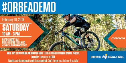 SunAndSkiSports's tweet photo. We've joined forces with @Orbea for a free demo of their latest 2018 bikes! RSVP now to get in on the #orbeademo action at Northshore Trail: https://t.co/kE9ICMg4W5 https://t.co/UdWsehUa5L