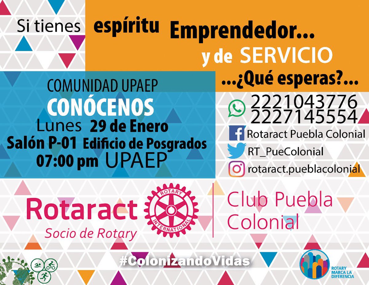 Te gusta emprender y tienes espíritu de servicio?
Ven a conocernos,acompáñanos a nuestra sesión informativa que tendrá lugar en UPAEP Posgrados Salón P-01 el día Lunes 29 de Enero a las 7:00pm
Síguenos en nuestras redes sociales 
#MejorandoVidas
#ColonizandoVidas 
#ComunidadUPAEP