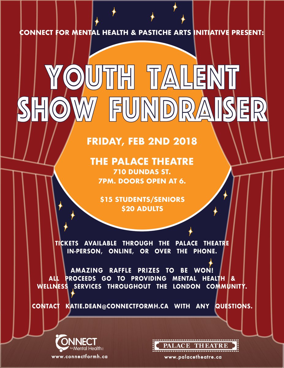 ConnectforMH's tweet image. Want to help our youth program in London ? Buy your tickets to this awesome talent show. We have an awesome group of young people performing for us, along with an awesome raffle and a 50/50 draw! Buy your tickets at The Palace Theatre- online, in person, or by phone! THANKS!