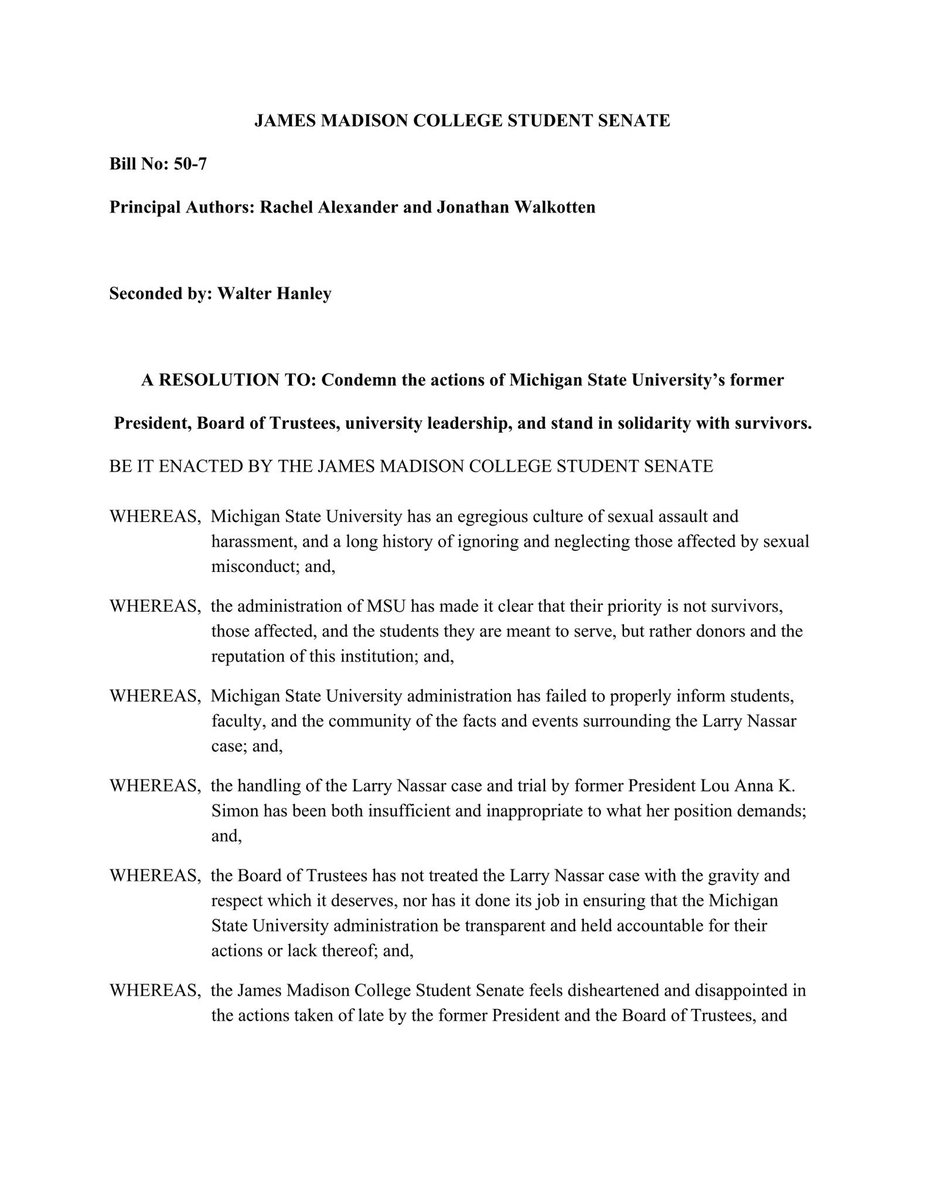 JMCSenate's tweet photo. Our resolution condemning the actions of former President Simon, the Board is Trustees, University Leadership, and standing in solidarity with survivors. https://t.co/qquF9QuCcy