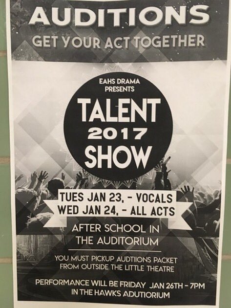 EAHSTheatre's tweet image. Don’t forget to come to the talent show this Friday! Come see some amazing acts! Admission is only $5. Come out and spread the word!!