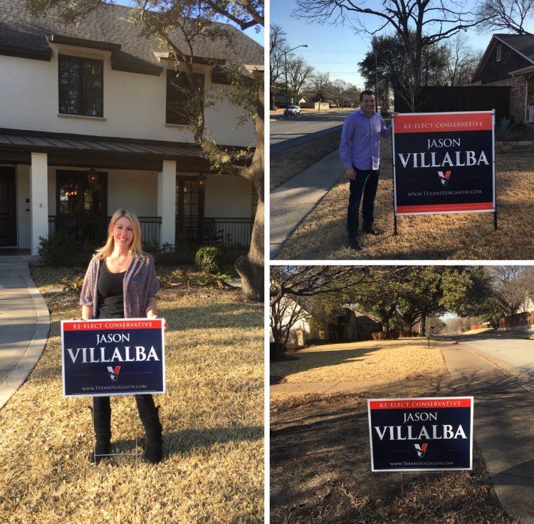 JasonVillalba's tweet photo. Couldn’t make it on a block walk today (had to attend a day job meeting). But #TFJV crushed it today. 140 new small signs placed, another 10 large signs committed, 400 new #TeamVillalba supporters ready to vote for the common sense conservative. CANNOT WAIT FOR ELECTION NIGHT!! https://t.co/wRbHISvx1t