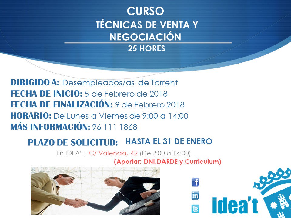 #IDEAT <a href="/ajun/">James Li</a> <a href="/Aj_Torrent/">Ajuntament de Torrent</a> presenta el programa de 6 cursos gratuitos de formación para desempleados para el trimestre 2018. Las inscripciones pueden realizarse en IDEAT C/ Valencia, 42 #Torrent #formación
Consulta más información en web torrent.portalemp.com