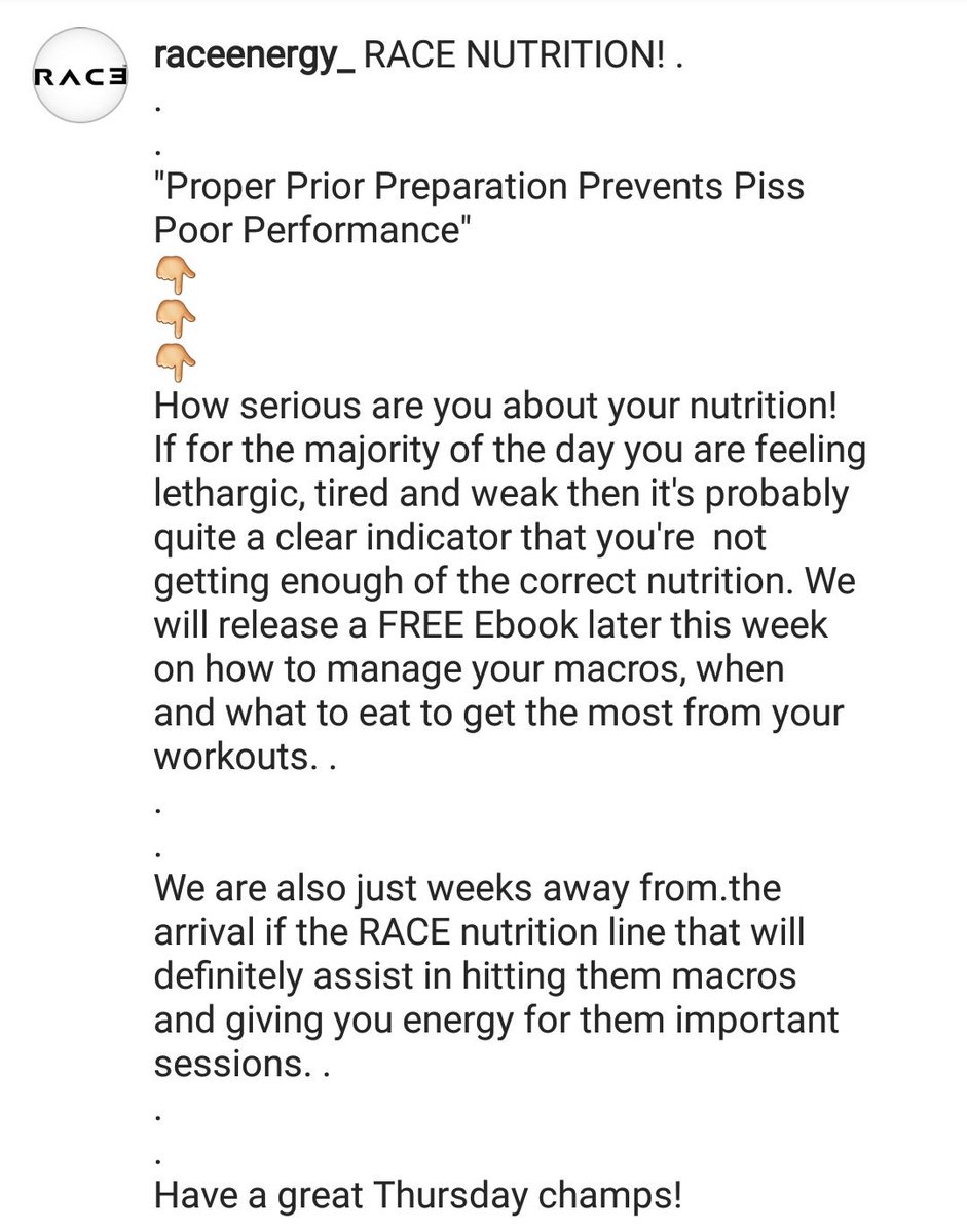 RaceEnergy_'s tweet photo. "Proper prior preparation prevents piss poor performance"
#fitness #teamraceenergy #eatclean #fitfood #healthyeating #nutrition #fitquote #fitspo #getfit #goalsetting #youcandoit #fitbessgoals #trainhard #noexcuses #nopainnogain #marathon #runners #cardio #cycling https://t.co/gJbFmLQvEa