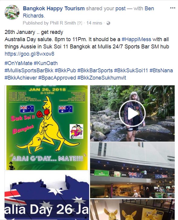 Luckyphill59's tweet photo. https://t.co/jag7LiibZJ
26th January ..  2018 is Australia Day salute with all things Aussie from 8pm at  Mullis 24/7 Sports Bar Suk Soi 11 bangkok SM hub https://t.co/PsEjSqmQVE
#OnYaMate #KunOath
#MullisSportsBarBkk #BkkBarSports #BkkSukSoi11 #BtsNana #BkkAchiever #BpacApproved https://t.co/1rs10b1Iz7