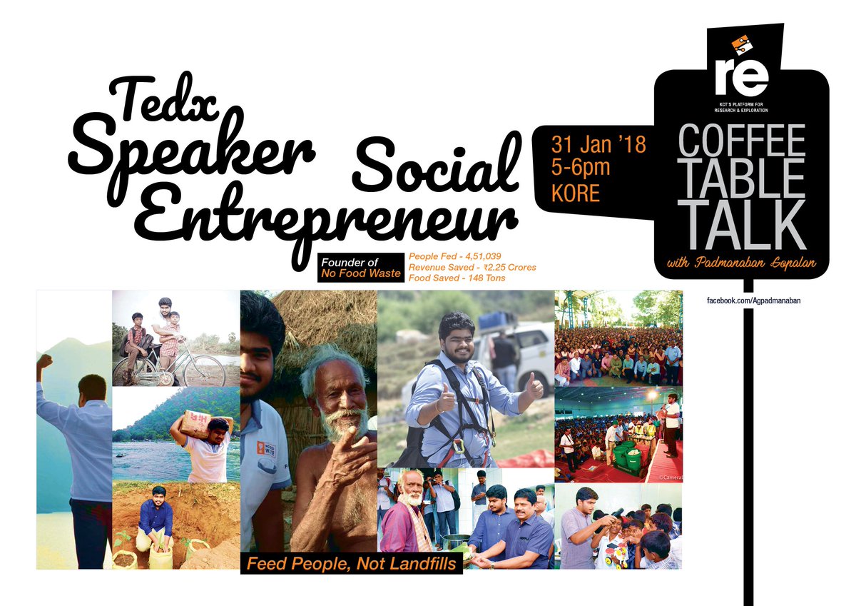 KCTOfficial's tweet photo. Coffee table talk with TEDx Speaker and Social Entrepreneur Mr. Padmanaban Gopalan, the man who is on a mission to feed people and waste no food, is to be conducted on January 31, 2018 at KCT.
#CoffeeTableTalk #CTT #Ré #réCTT #NoFoodWaste #FeedPeople #NoHunger #Invitation #KCT https://t.co/Bp1l4qeRWT