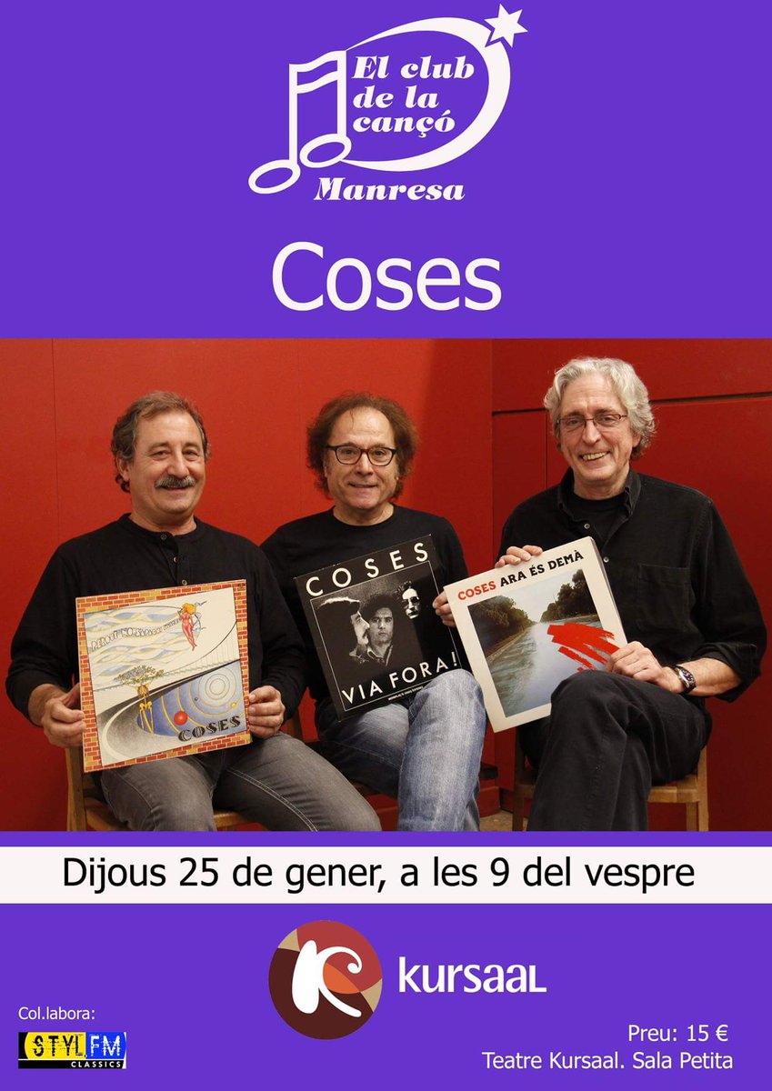El Club de la Cançó (@clubcantautor) on Twitter photo Avui encara podeu comprar entrades pel concert d'aquesta nit del grup "Coses" al <a href="/Kursaalmanresa/">Kursaal Manresa</a> Avui encara podeu comprar entrades pel concert d'aquesta nit del grup "Coses" al <a href="/Kursaalmanresa/">Kursaal Manresa</a>