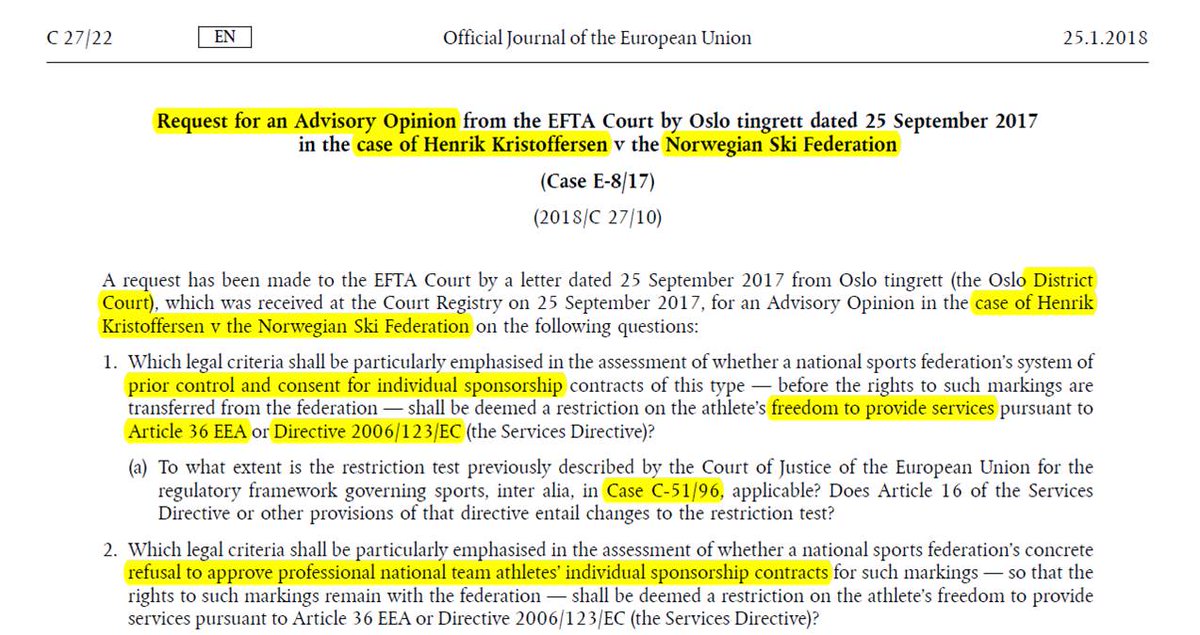 MaFrischhut's tweet photo. #InTodaysOJ on @EURLex: request for opinion of
@EFTA_Court on case @H_Kristoffersen vs Norwegian Ski Federation; prior control and consent for individual #sponsorship contracts and #EEA law #EFTA #freedomofservices #servicesdirective case C-51/96 #Deliège; @TamaraHervey https://t.co/2RFZqHRvoz