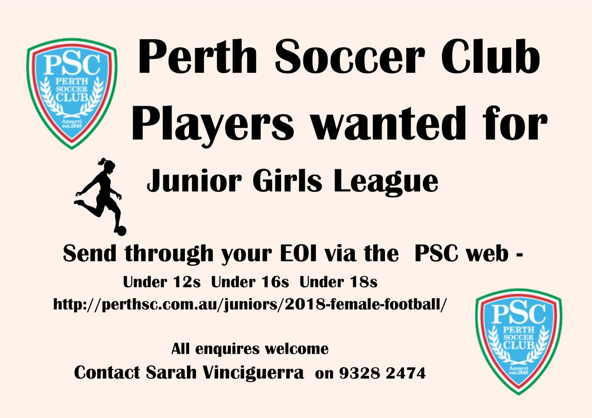 PerthSoccerClub's tweet photo. Junior Girls League Players WANTED. Please contact the club to secure your spot. #perthsoccerclub #dorriengardens https://t.co/TAEp5qT1zW
