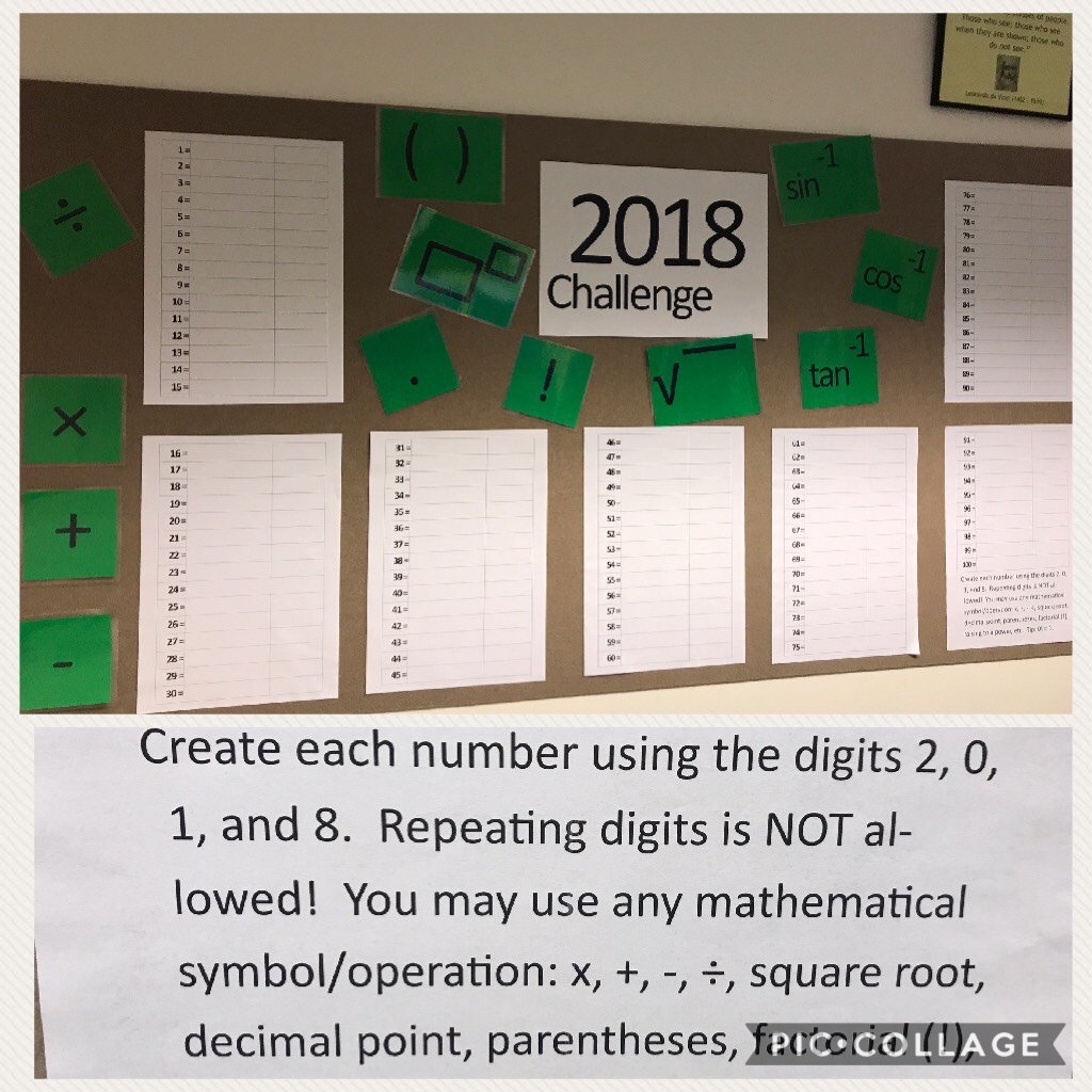 BSNMaths's tweet photo. Introducing the 2018 Challenge @BSNSenior ! How many can you come up with? Thanks @mathequalslove for the resource! https://t.co/zVQ8zN3Q9r