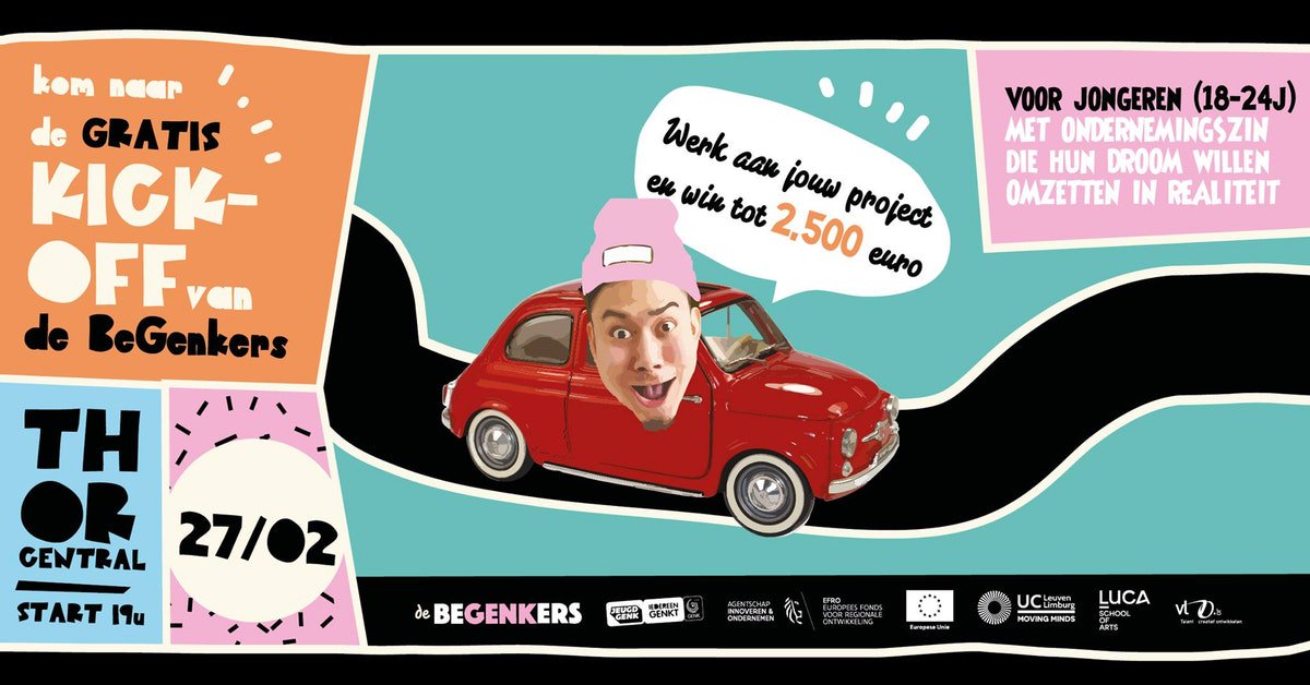 ThorCentral1's tweet photo. Ben je tussen de 18-24 jaar, heb je zin in ondernemen en wil je je droom omzetten in realiteit? Kom dan zeker af naar het BeGenkers kick-off event en maak kans tot 2.500,- euro voor jouw project! 
◉ Gratis inkom
◉ Free Food &amp; Drinks
https://t.co/17HyzTni8h https://t.co/dXmasiPyc5