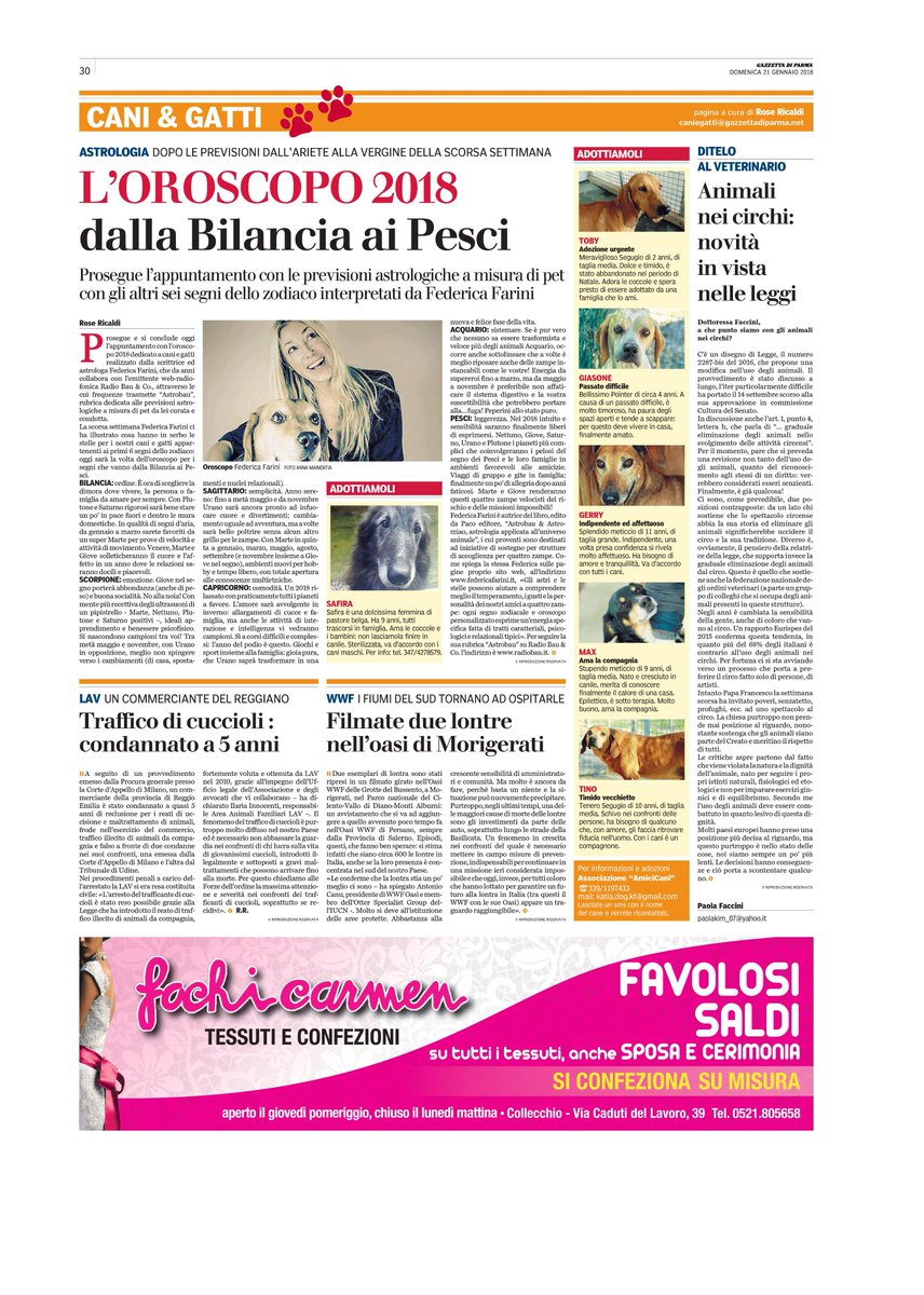 FedericaFarini's tweet photo. Un grazie speciale a Rose Ricaldi per l'articolo #astrobau 21-1-2018 @gazzettaparma @Radiobau #oroscopo #pet #rassegnastampa https://t.co/PTn63nFYRO