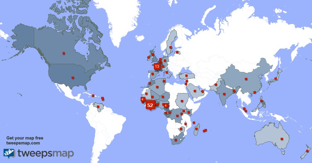 Selon tweepsmap.com/!ReseauTelecom Mes followers vivent en: Côte-d'Ivoire(50%),France(13%),Sénégal(4%)