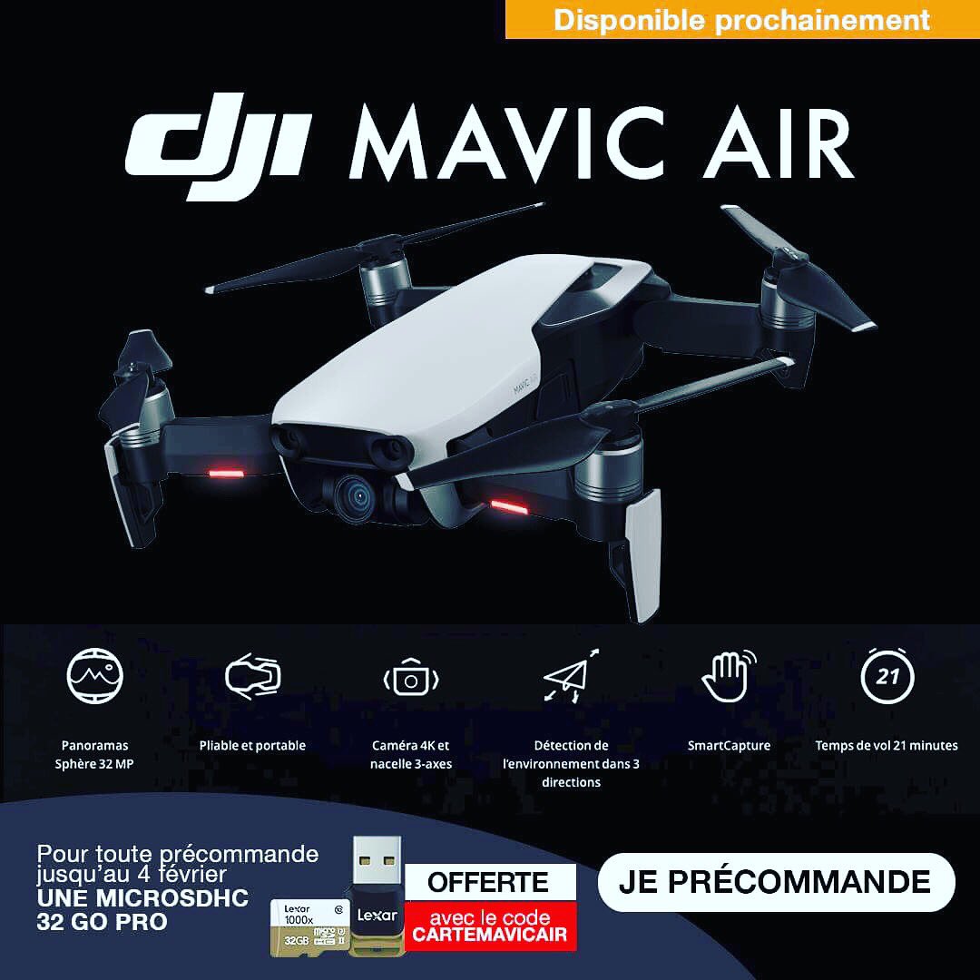 Digixo's tweet image. [Annonce] Il est la !
Il arrive chez nous rien que pour vous !!
Le nouveau drone de Dji le Mavic Air est disponible en précommande juste ici avec une carte micro SD Lexar de 32 Go !!!! ⬇️⬇️⬇️ digixo.com/camescopes/dro….    #drone #dronephotography #dronestagram #dji #mavicair