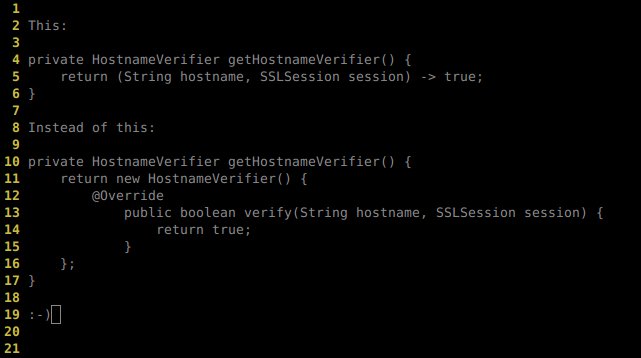 FighterHayabusa's tweet photo. When you've been stuck with Java 7 in your project for a long time and finally upgrade to Java 8 small things like this really make your day. #java #java8 #lambdas #lesscodelessbugs #happyprogrammer https://t.co/IGN3E1mSmG