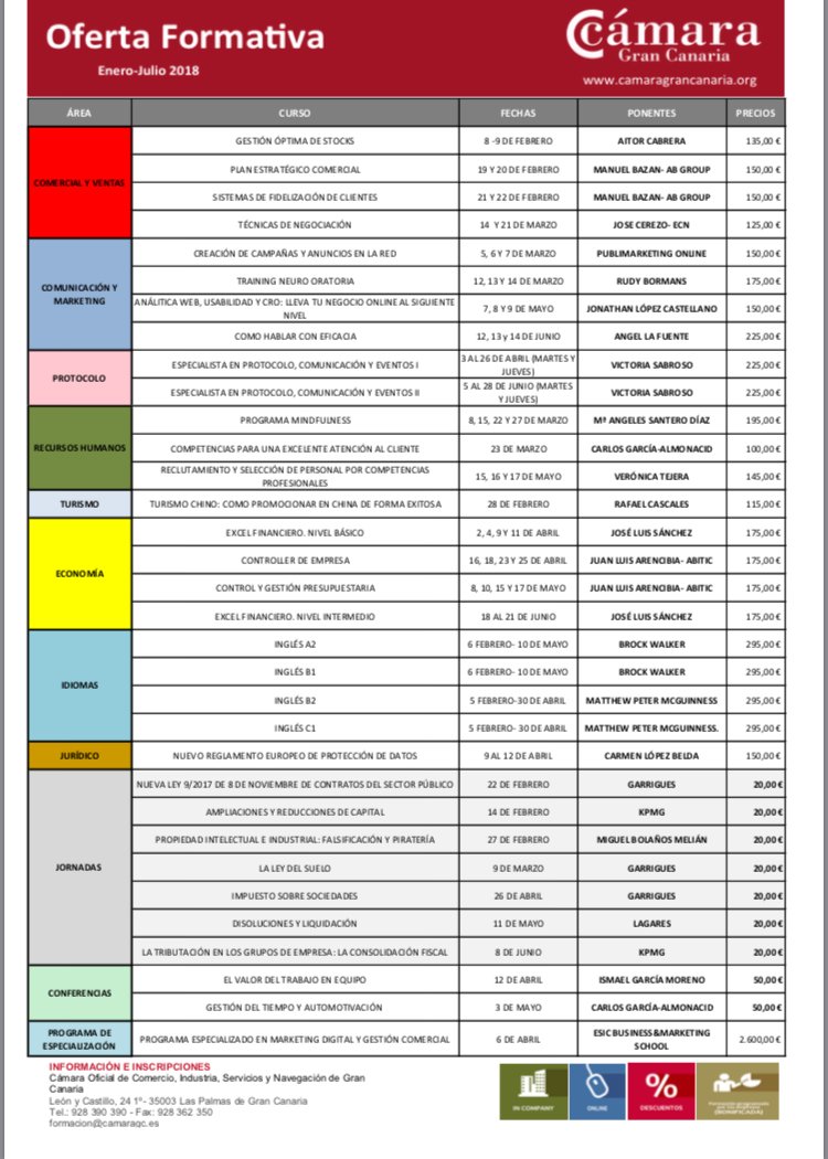 CamaraGCanaria's tweet photo. Presentamos nuestra oferta formativa para el primer semestre del año, con los mejores ponentes y llena de novedades. Más información en nuestra web o en el correo formacion@camaragc.es #LaCámaraForma #formacionempresa https://t.co/ERlkbs6Nvy