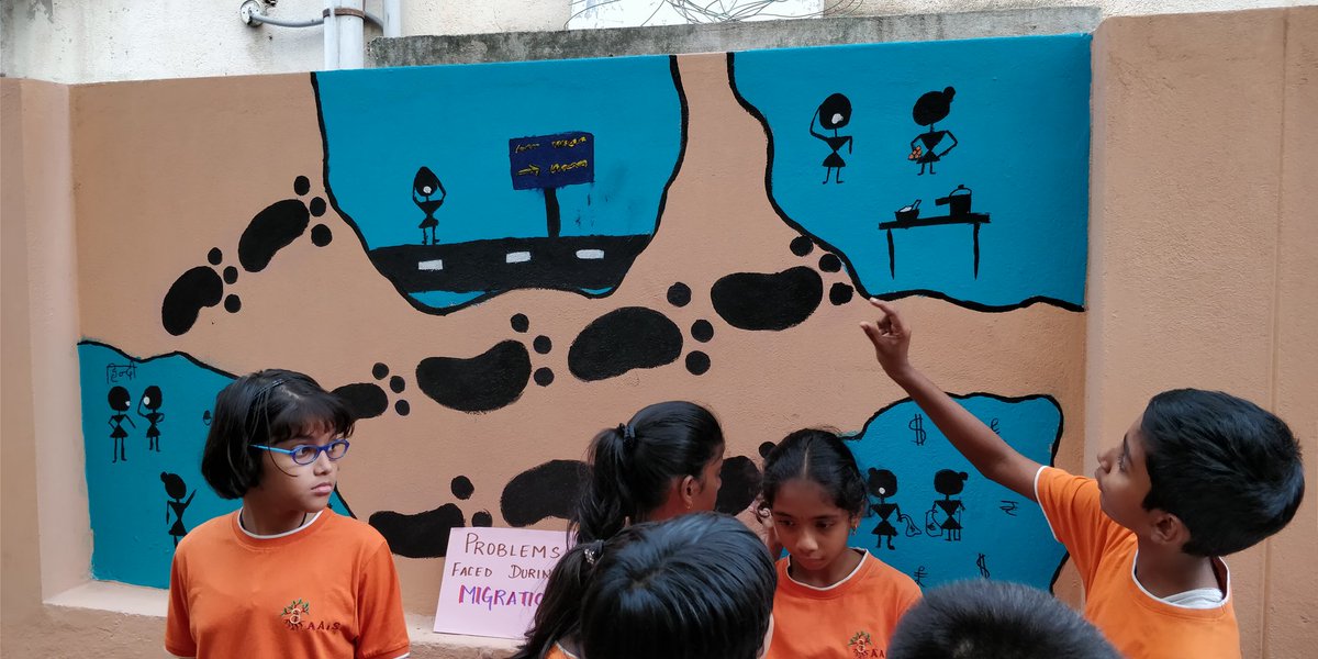 paravindkumar's tweet photo. Wall murals on migration by kids at AAIS #aaiswm #pypexhibition #akshar_arbol https://t.co/RR8Fo4Vf4I